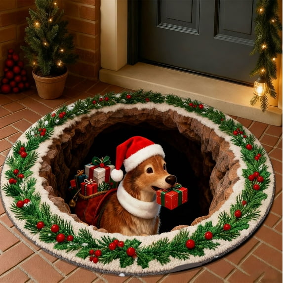 Wooowa 23.6 Inch Christmas Circular Carpet, 3D Visual Effect Entrance Door Mat, Household Absorbent Nonslip Dirt-Proof Bathroom Foot Mat