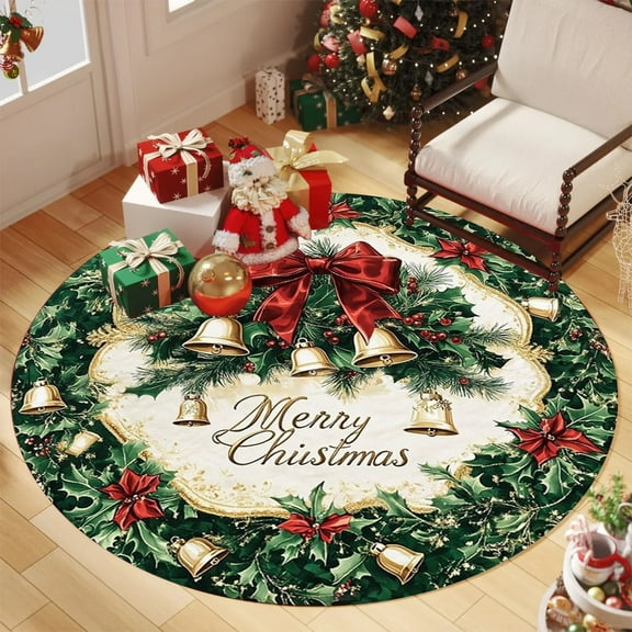 Wooowa 23x23Inch Christmas Circular Carpet, Snowflake & Tree Pattern Floor Mat, Festive Decor for Holiday Party and Living Room