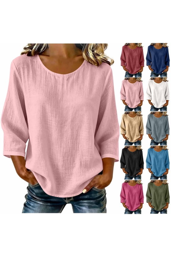 3/4 Length Sleeve Womens Tops Crew Neck Tee Shirts Casual Solid Blouses Loose Fit Spring Summer Clothes