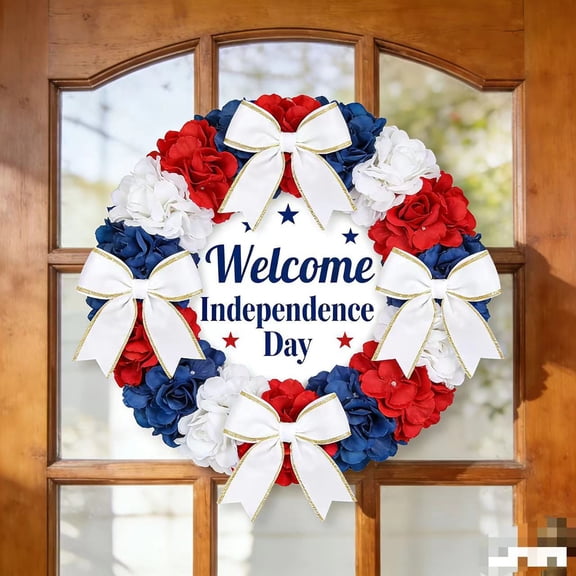 Wooowa 30Cm Patriotic Independence Day Wreath Wooden Welcome Wall Hanging Sign Ideal for 4th of July Decorations Patriotic Decor Suitable for Front Door Porch Wall Holiday Arrangement