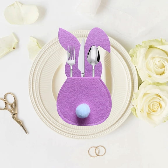 Wooowa 4-Piece Easter Bunny Felt Cutlery Holders Happy Easter Decorations, for Bunny Cutlery Knife And Fork Pouches And Birthday Party Supplies