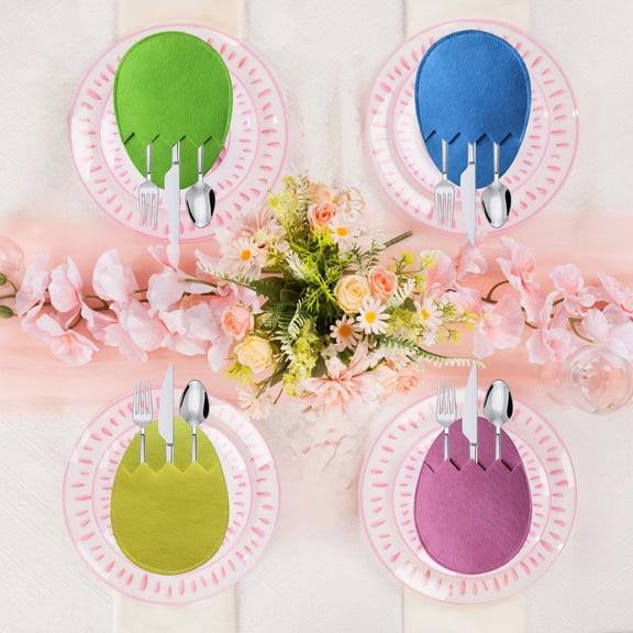 Wooowa 4PCS Easter Egg Silverware Pockets, Festive Cutlery Storage Pouch, Table Setting Decor for Easter Party