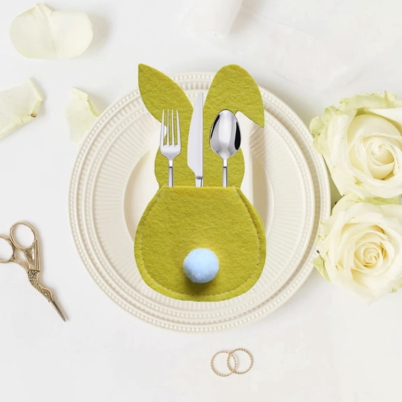 Wooowa 4Pcs Easter Felt Bunny Cutlery Holders, Festive Knife Fork Pouches, Soft Felt Tableware Decor, Dining Table Party Decor, Easter Birthday Party And Holiday Table Decoration