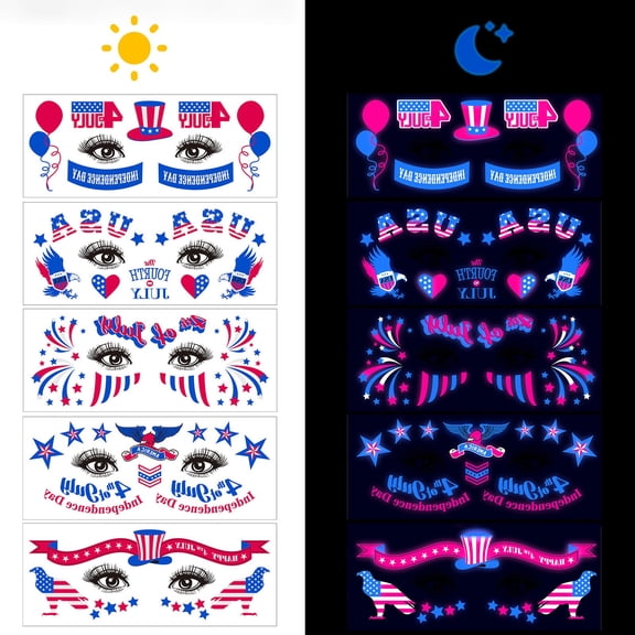 Wooowa 4th Of July 5Pcs Luminous Fluorescent Face Tattoo Sticker Hat Style Set Ideal for Independence Day Decorations Patriotic Decor Suitable for Party Festival Night Glow Dress Up