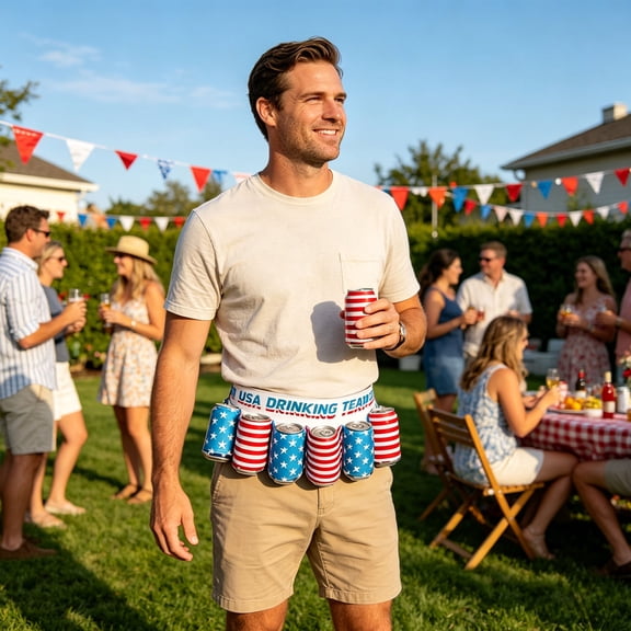 Wooowa 4th Of July Adjustable 6 Can Beverage Waist Holder Belt Ideal for 4th of July Decorations Patriotic Decor Suitable for BBQ Camping Outdoor Party Holiday Drinking Supply