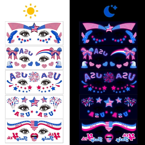 Wooowa 4th Of July Luminous Fluorescent Face Tattoo Sticker 5Pcs Set Ideal for Independence Day Decorations Patriotic Decor Suitable for Party Festival Night Glow Body Decoration