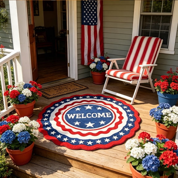 Wooowa 4th Of July Round Star Non Slip Welcome Mat Ideal for Independence Day Decorations Patriotic Decor Suitable for Home Entryway Kitchen Bathroom Floor Rug