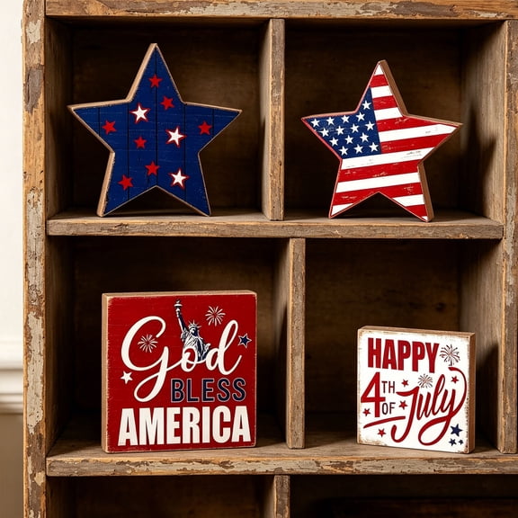 Wooowa 4th Of July Set Of 4 Wooden Star Block Table Sign Ideal for Independence Day Decorations Patriotic Decor Suitable for Tiered Tray Home Living Room Festive Arrangement