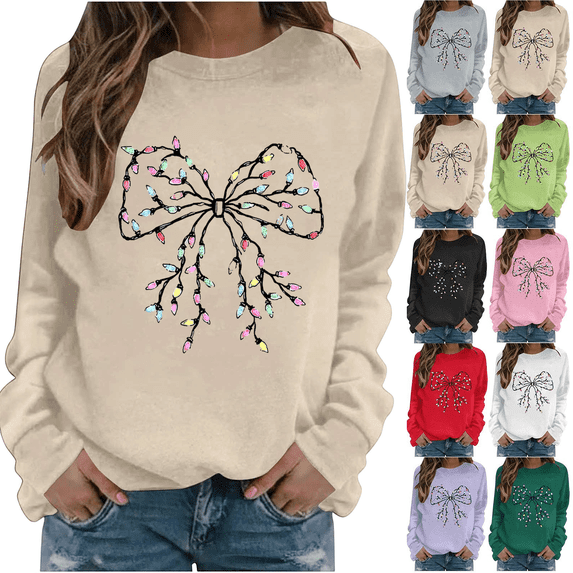 Wooowa Christmas Bow with String Lights Print Long Sleeve Sweatshirt Top Round Neck Casual Soft Breathable for Holiday Party Daily Wear