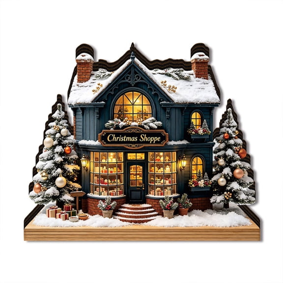 Wooowa Christmas LED Lighted Wooden Village House Figurine with Warm Glow for Tabletop Mantel Holiday Decor 4.7 Inch