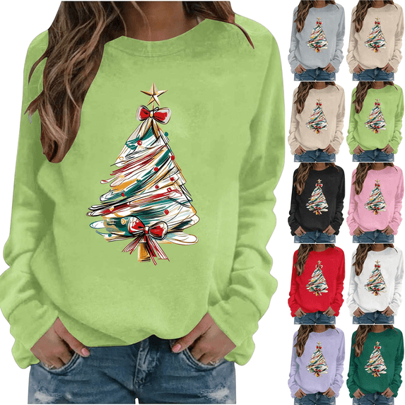 Wooowa Christmas Tree with Bow Print Long Sleeve Sweatshirt Top Round Neck Casual Soft Breathable for Holiday Home Party Daily Wear