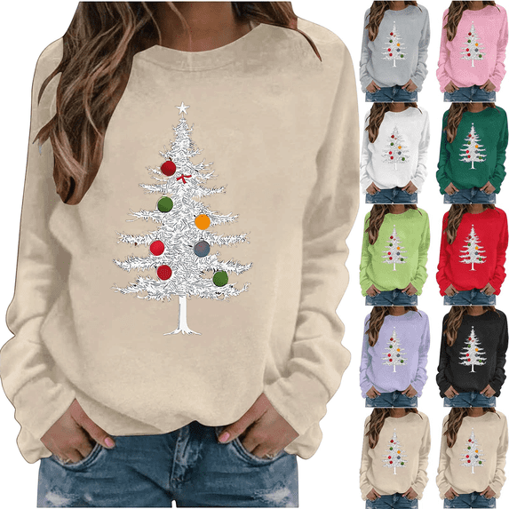 Wooowa Christmas Tree with Ornaments Print Long Sleeve Sweatshirt Top Round Neck Casual Soft Breathable for Holiday Home Party Daily Wear