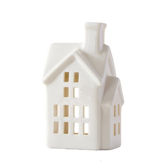 Wooowa Christmas White Ceramic Village House Tea Light Holder with Hollow Cutout for Mantel Shelf Decor 4.6 Inch