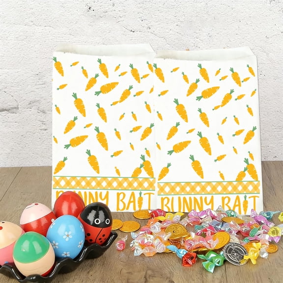 Wooowa Easter 10-Piece Paper Gift Bag Bunny Carrot Print Durable Craft Party Treat Storage Candy Pouch Easter Holiday Decoration Supply