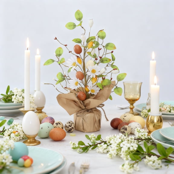 Wooowa Easter Artificial Egg Tree Potted Ornament Festive Design Craft Tabletop Home Garden Easter Holiday Decoration Supply