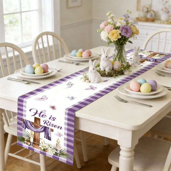 Wooowa Easter Bunny Ear Linen Tablecloth, Printed Themed Table Flag, 4 Sizes Festive Dining Linen, Restaurant Home Dining Table Decor, Easter Holiday Table Setting And Party Decoration