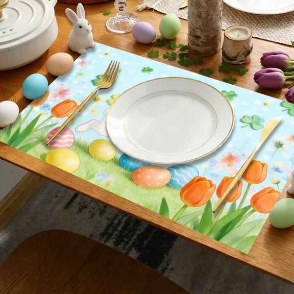 Wooowa Easter Bunny Egg Clover Placemats, Themed Printed Table Mats, Durable Non Slip Dining Mats, Holiday Party Table Decor, Easter Home Party Table Setting Decoration