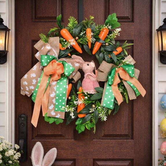 Wooowa Easter Carrot Bow Wreath, Spring Artificial Greenery Garland for Front Door, Wall, Window and Home Party Decor, 17.7 Inches