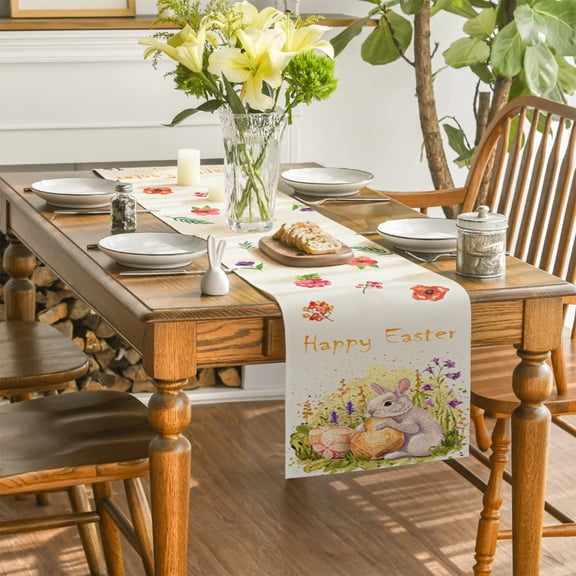 Wooowa Easter Egg Bunny Floral Table Runner, Printed Fabric Table Linen, Durable Indoor Outdoor Runner, Kitchen Dining Table Party Decor, Easter Holiday Table Setting And Decoration