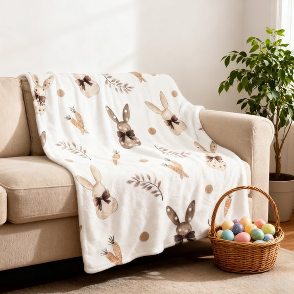 Wooowa Easter Festival Cozy Bunny Egg Pattern Throw Blanket, for Sofa Bedroom and Spring Holiday Decor