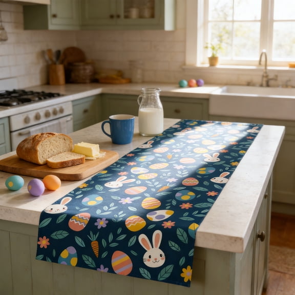 Wooowa Easter Festival Theme Table Runner with Bunny Egg Floral Print, for Holiday Party Dining Table and Home Scene Decoration