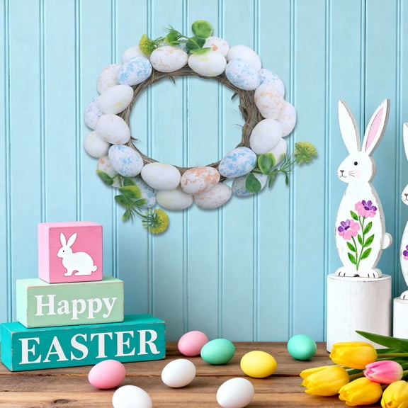 Wooowa Easter Festival White Rattan Egg Wreath with Foam Accent, for Event Festival Supply and Home Decor Use
