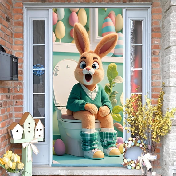 Wooowa Easter Festive Hanging Cloth Flag Door Cover Durable Fabric Indoor Outdoor Party Door Curtain Easter Holiday Decor