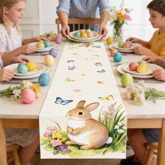Wooowa Easter Floral Bunny Egg Table Runner, Printed Festive Table Linen, Durable Table Mat Decor, Party Dining Table Home Decor, Easter Holiday Party Table Setting Decoration