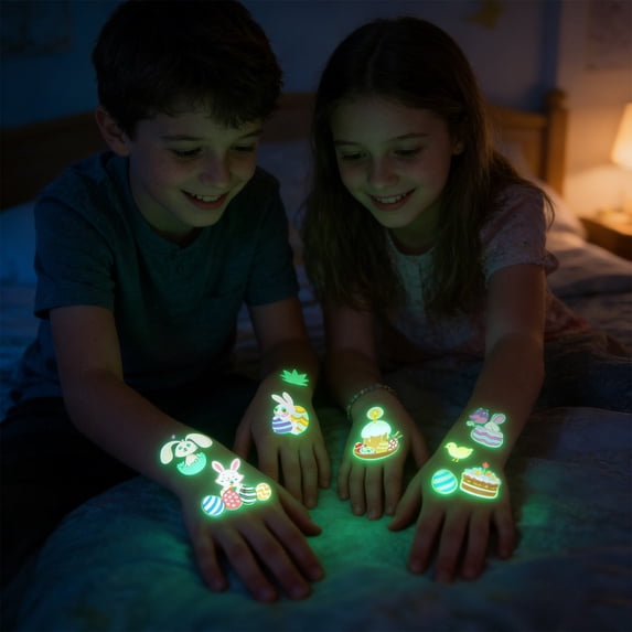 Wooowa Easter Glow In The Dark Temporary Tattoo Bunny Egg Pattern Waterproof Sweatproof Festive Party Sticker For All Ages