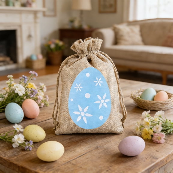 Wooowa Easter Hemp Like Drawstring Gift Pouch, Holiday Candy Egg Storage Bag, Reusable Wrapping Pouch for Easter Gifting