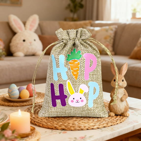 Wooowa Easter Linen Drawstring Gift Bag, Egg Pattern Storage Pouch for Treats and Small Gifts, Spring Festival Party Accessory