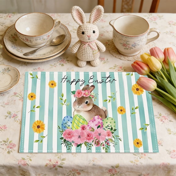 Wooowa Easter Linen Placemat, Flower And Egg Printed Dining Mat, Insulated Non Slip Table Mat, Kitchen Dining Table Decor, Easter Family Meal And Holiday Party Table Setting