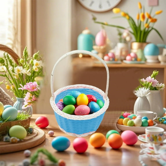 Wooowa Easter Mini Plastic Woven Basket for Festive Use, Multi Scene Container for Home Outdoor, Portable Organizer Accessory, Spring Seasonal Piece for Table Display and Event Setup