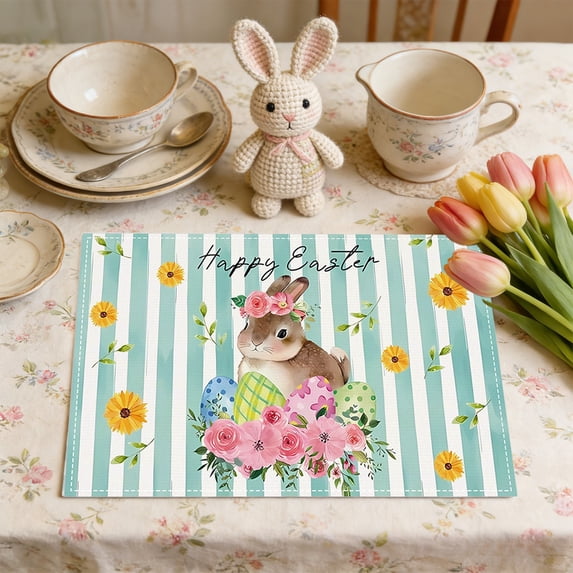 Wooowa Easter Placemat with Flower and Egg Patterns, for Dining Table Mat Linen Printed Insulated Home Decor