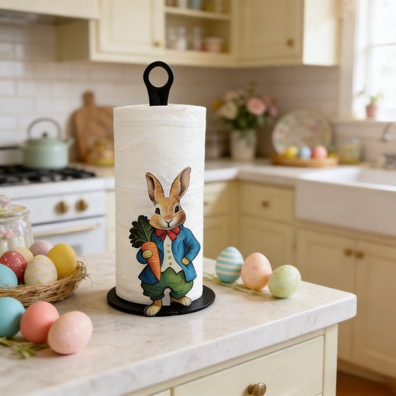 Wooowa Easter Bunny Paper Towel Holder, Large Metal Kitchen Bathroom Towel Rack, Festive Easter Countertop Decor Organizer