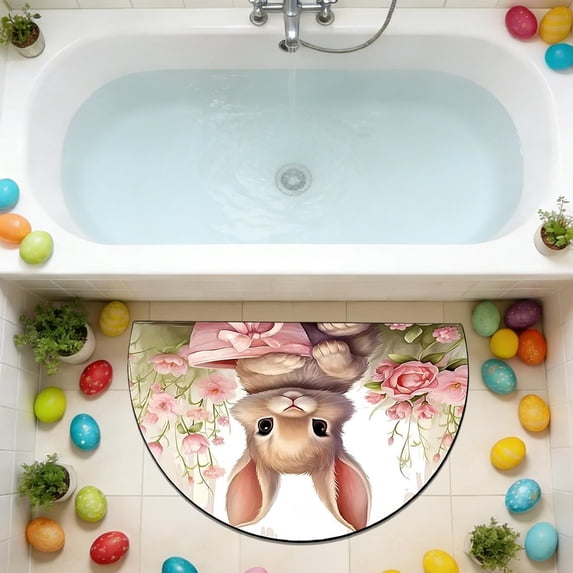 Wooowa Easter Semicircle Entrance Carpet, Absorbent Nonslip Door Mat, Dirt Proof Bathroom Foot Mat, Household Entryway Bath Decor, Easter Home Indoor Outdoor Functional Decoration