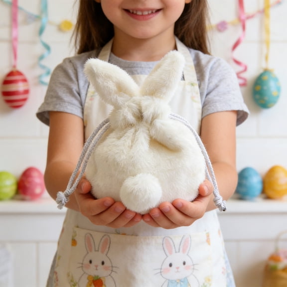 Wooowa Easter Soft Plush Drawstring Storage Pouch with Ear Detail, Solid Color Multi Use Organizer for Treats and Small Items, Festive Home Accessory for Tabletop and Seasonal Interior Decoration