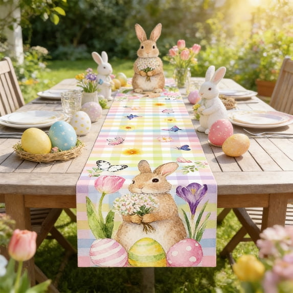 Wooowa Easter Themed Table Runner and Placemats with Bunny Egg and Floral Patterns, for Holiday Party Dining Table and Home Scene Decoration