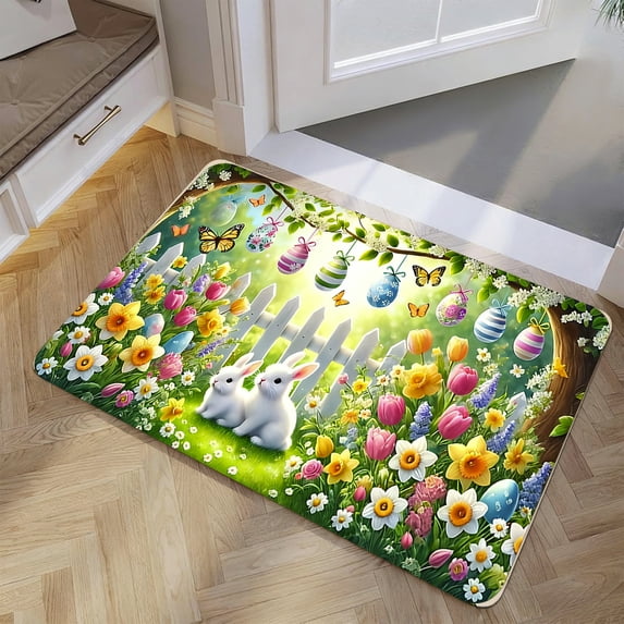 Wooowa Easter Themed Welcome Doormat, Absorbent Non Slip Entryway Mat, Durable Outdoor Indoor Mat, Front Door Entryway Porch Decor, Easter Spring Home Outdoor Indoor Decoration