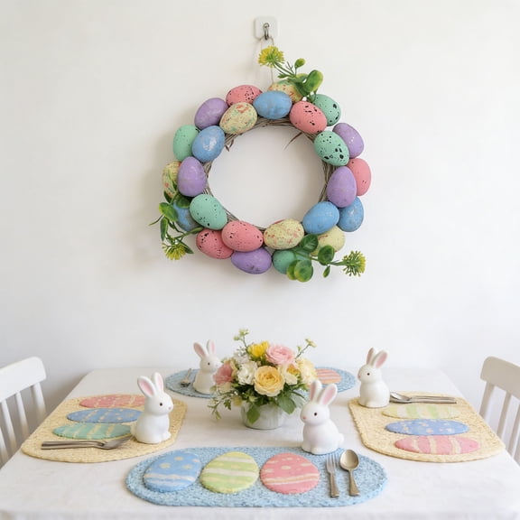 Wooowa Easter White Rattan Egg Wreath, Colorful Foam Pigeon Egg Accent Wreath, Lightweight Woven Festive Wreath, Door Wall Party Decor, Easter Event Festival And Home Decoration