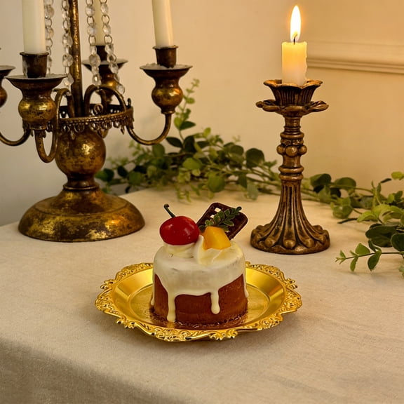 Wooowa Gold Metal Embossed Serving Tray - Multi-Use Platter for Desserts Snacks Jewelry, Decorative Storage Dish for Kitchen Bedroom Vanity