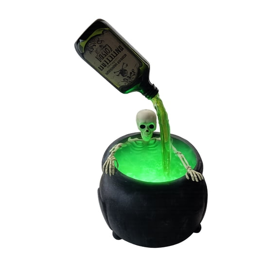 Wooowa Halloween Cauldron Skeleton Figurine 8.3x8.3x5.9 Inch Green Glowing Potion for Tabletop Gothic Witch Decor