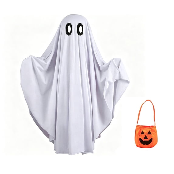 Wooowa Halloween White Ghost Cloak Costume for Adult Child with Pumpkin Bag Party Cosplay Decor