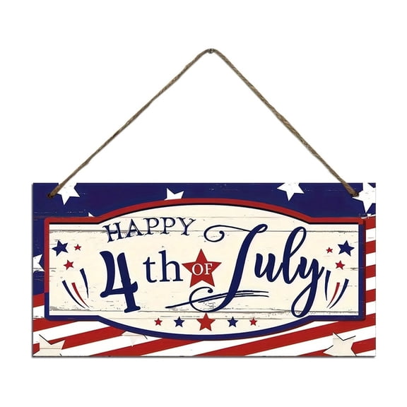 Wooowa Happy 4th of July Wooden Hanging Sign with Star Stripes USA Flag Design for Front Door Wall Porch Independence Day Decor 7.9 Inch