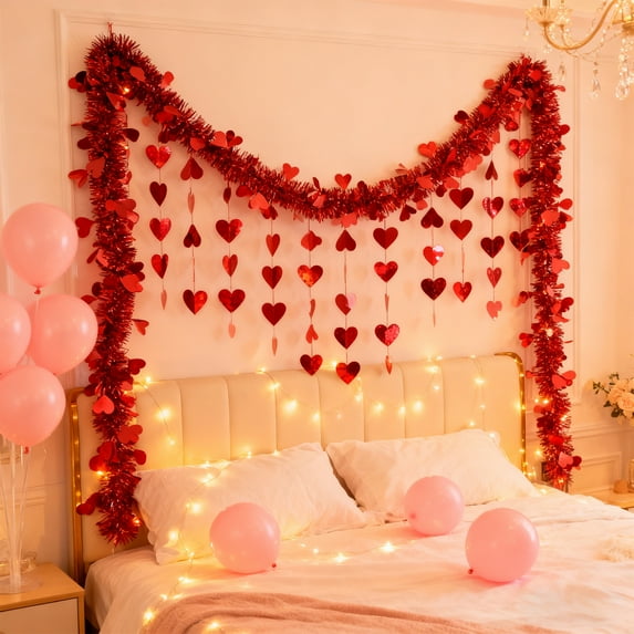 Wooowa Heart-Shaped Pull Bows & Vine Streamers - Festive Decorative Ribbons, Perfect for Valentine's Day & Party Decor