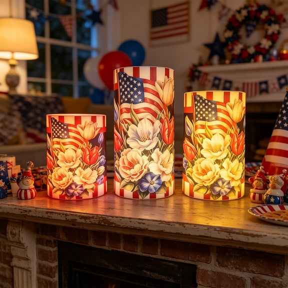 Wooowa Independence Day Motif Pattern Flameless LED Cylindrical Candle Set Fit for 4th of July Decorations Patriotic Decor Suitable for Home Indoor Festival Desktop Lighting