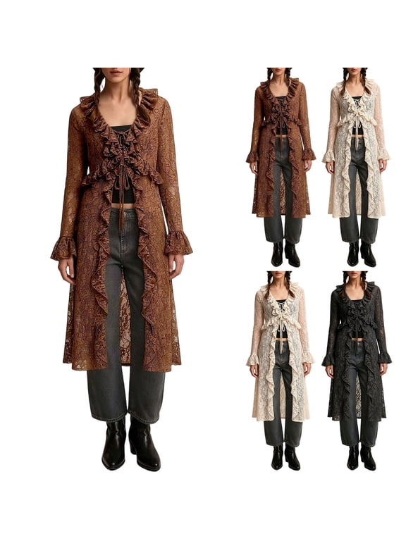 Lace Cardigan for Women Maxi Summer Lightweight Open Front Tie Bell Long Sleeve Ruffled Tops Duster Swimsuit Cover Up