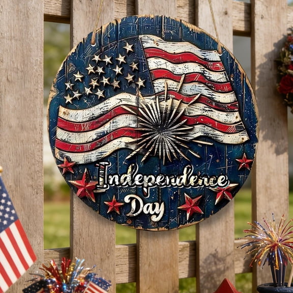 Wooowa Patriotic Round Wooden Wall Plaque Matte Surface Hanging Decorative Board for Home Porch Living Room Mounting Ideal for 4th of July Decorations Independence Day Festival Scene Layout