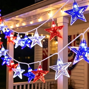 Wooowa Red White Blue Star Led Outdoor String Light Independence Day Courtyard Decor Lamp Ideal for 4th of July Decorations Patriotic Decor Suitable for Yard Garden Patio Night Atmosphere Arrangement