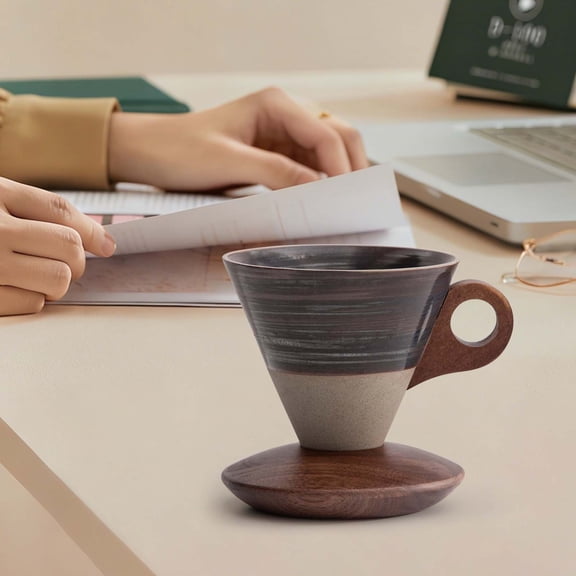 Wooowa Retro Ceramic Coffee Mug, Creative Cone coffee Cup Set for Women Elegant Small- Solid Wood Handle - Suitable for Home, Restaurant, Party and Office Use